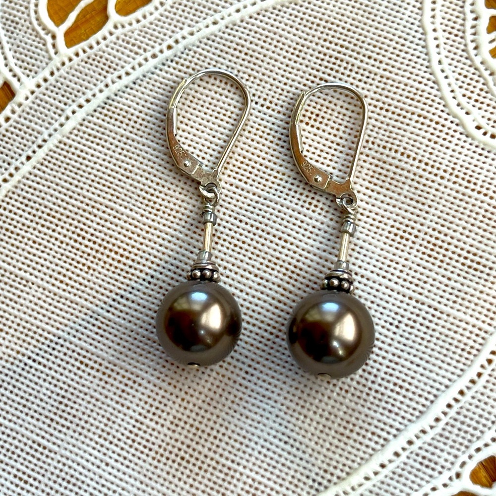 Brown 925 chocolate brown pearl leverback earrings vintage